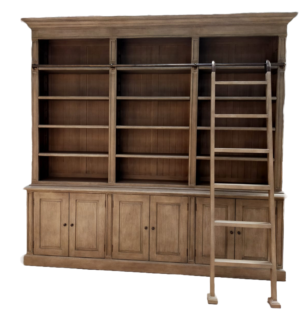 THREE BAY LIBRARY BOOKCASE WITH LADDER - Aged Oak